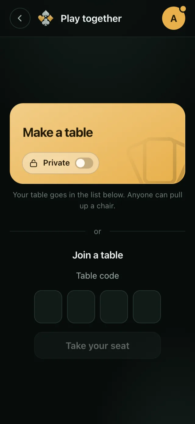 The screen where you open a table or join with a four-letter code.