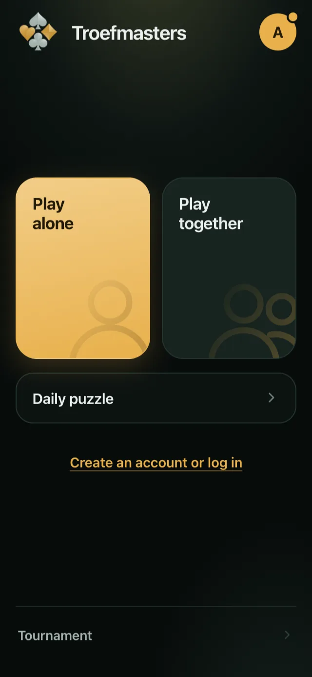 The start screen with the choice between playing alone and playing together.