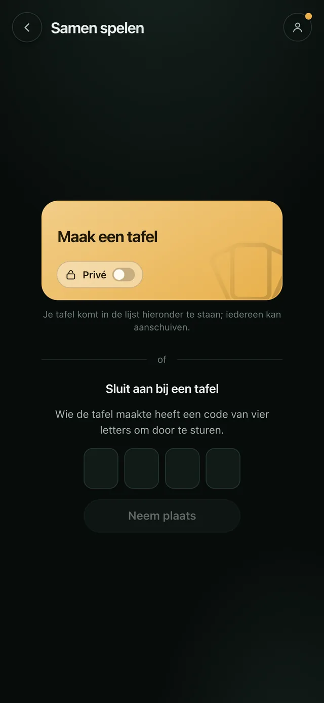 Het scherm waarmee je een tafel opent of met een code van vier letters meedoet.